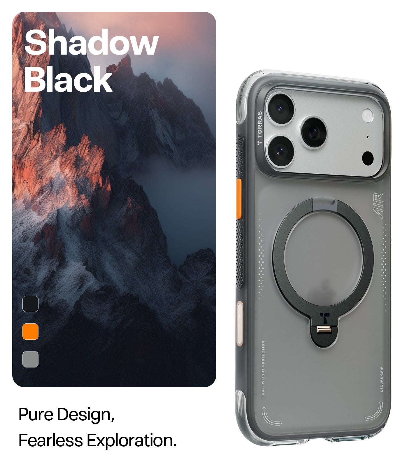 TORRAS Ostand Q3 Air Zwart Hoesje Geschikt voor Apple iPhone 17 Pro – Compatibel met MagSafe – 360° Draaibare Magnetische Standaard – Back Cover Kickstand Ring – AirCushion Hoeken - Shockproof NIEUW!