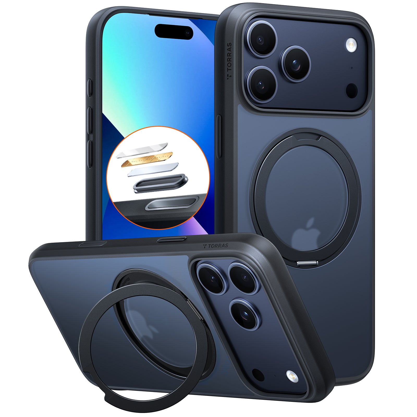 TORRAS Hoesje Geschikt voor Apple iPhone 17, 17 Pro en 17 Pro Max - Zwart, doorzichtig, oranje en blauw - UPro Ostand Pro - Compatibel met MagSafe - Back Cover met Magneet - 360° Draaibare Ring Standaard - Nieuw!