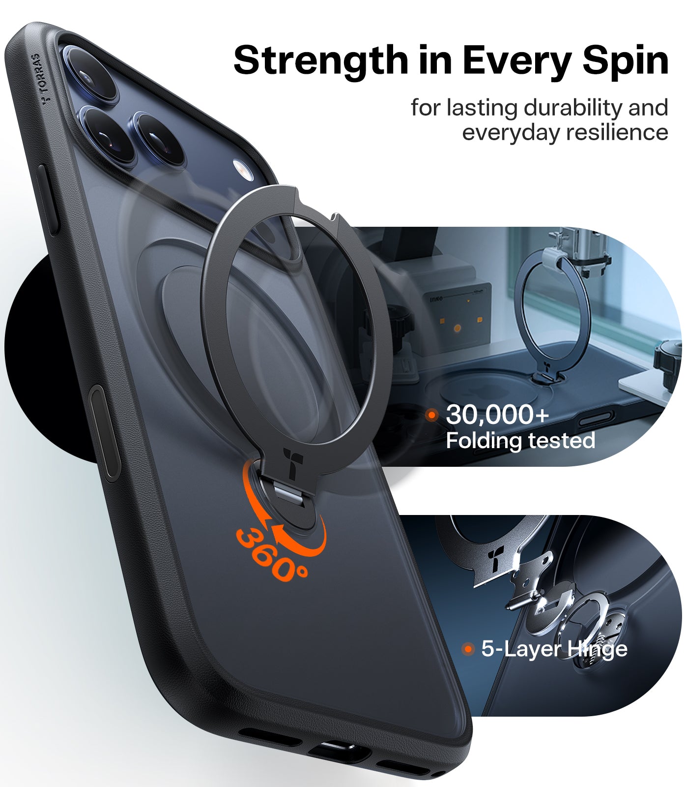 TORRAS UPro Ostand Spin Hoesje Geschikt voor Apple iPhone 17, 17 Pro en 17 Pro Max - Zwart, doorzichtig, blauw en oranje - Compatibel met MagSafe - 360° Draaibare Magnetische Standaard - Back Cover Kickstand Ring - NIEUW!