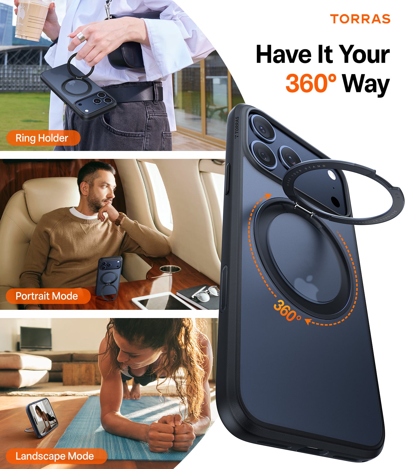 TORRAS Hoesje Geschikt voor Apple iPhone 17, 17 Pro en 17 Pro Max - Zwart, doorzichtig, oranje en blauw - UPro Ostand Pro - Compatibel met MagSafe - Back Cover met Magneet - 360° Draaibare Ring Standaard - Nieuw!