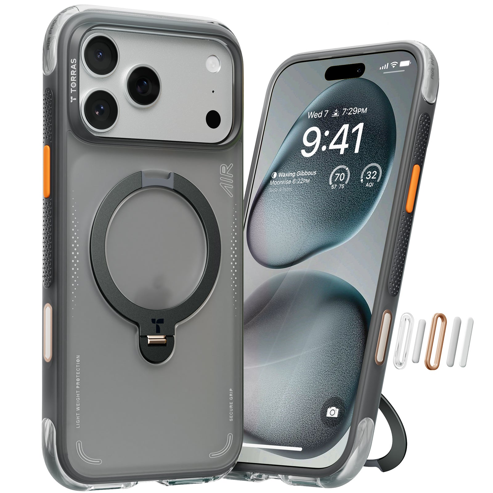 TORRAS Ostand Q3 Air Zwart Hoesje Geschikt voor Apple iPhone 17 Pro – Compatibel met MagSafe – 360° Draaibare Magnetische Standaard – Back Cover Kickstand Ring – AirCushion Hoeken - Shockproof NIEUW!