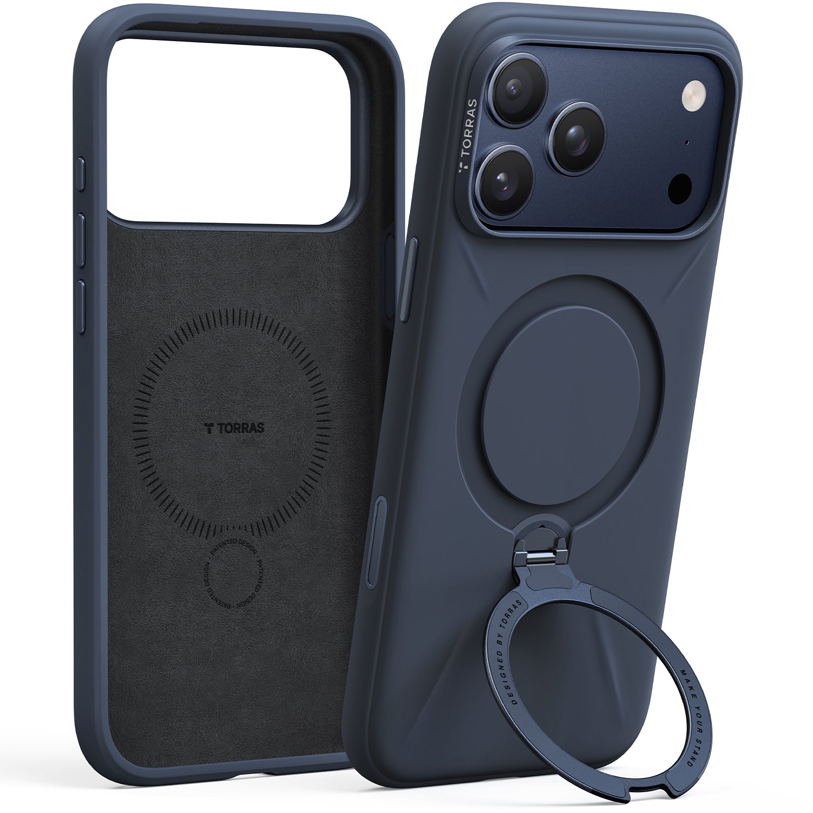 TORRAS Ostand Q Pro Silicone - Hoesje Geschikt voor Apple iPhone 17 Pro en 17 Pro Max - Zwart, Blauw en Oranje - Compatibel met MagSafe - 360° Draaibare Magnetische Standaard - Back Cover Kickstand Ring - NIEUW!