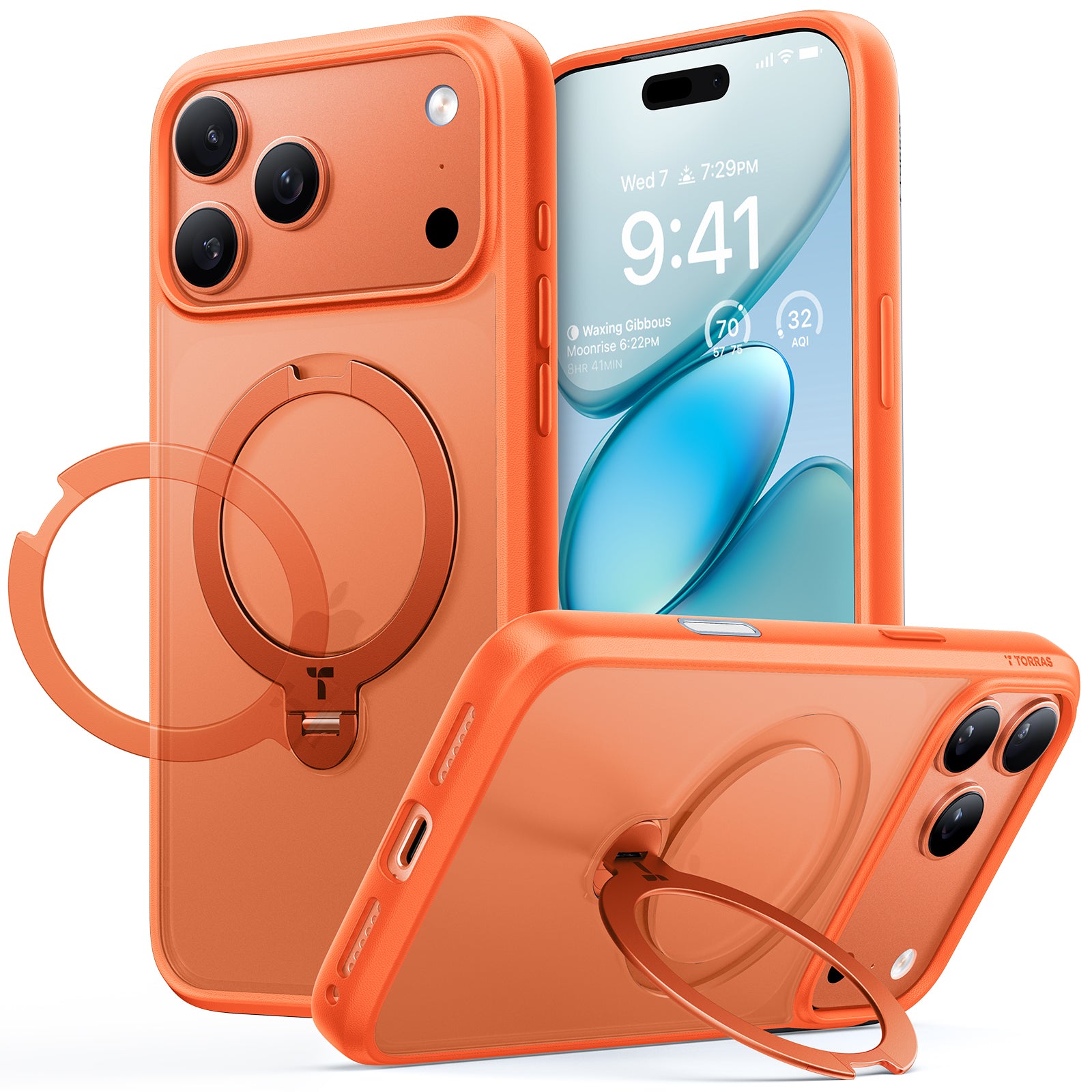 TORRAS UPro Ostand Spin Hoesje Geschikt voor Apple iPhone 17, 17 Pro en 17 Pro Max - Zwart, doorzichtig, blauw en oranje - Compatibel met MagSafe - 360° Draaibare Magnetische Standaard - Back Cover Kickstand Ring - NIEUW!