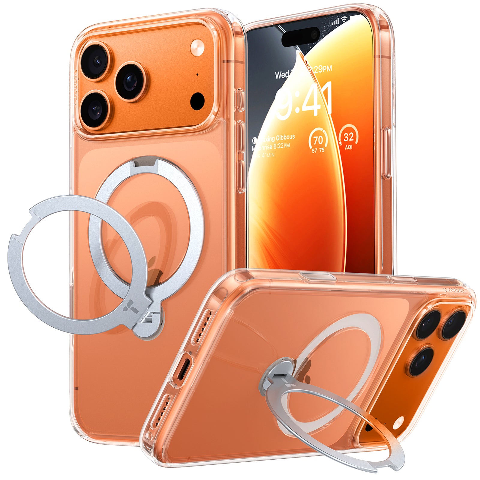 TORRAS UPro Ostand Spin Hoesje Geschikt voor Apple iPhone 17, 17 Pro en 17 Pro Max - Zwart, doorzichtig, blauw en oranje - Compatibel met MagSafe - 360° Draaibare Magnetische Standaard - Back Cover Kickstand Ring - NIEUW!