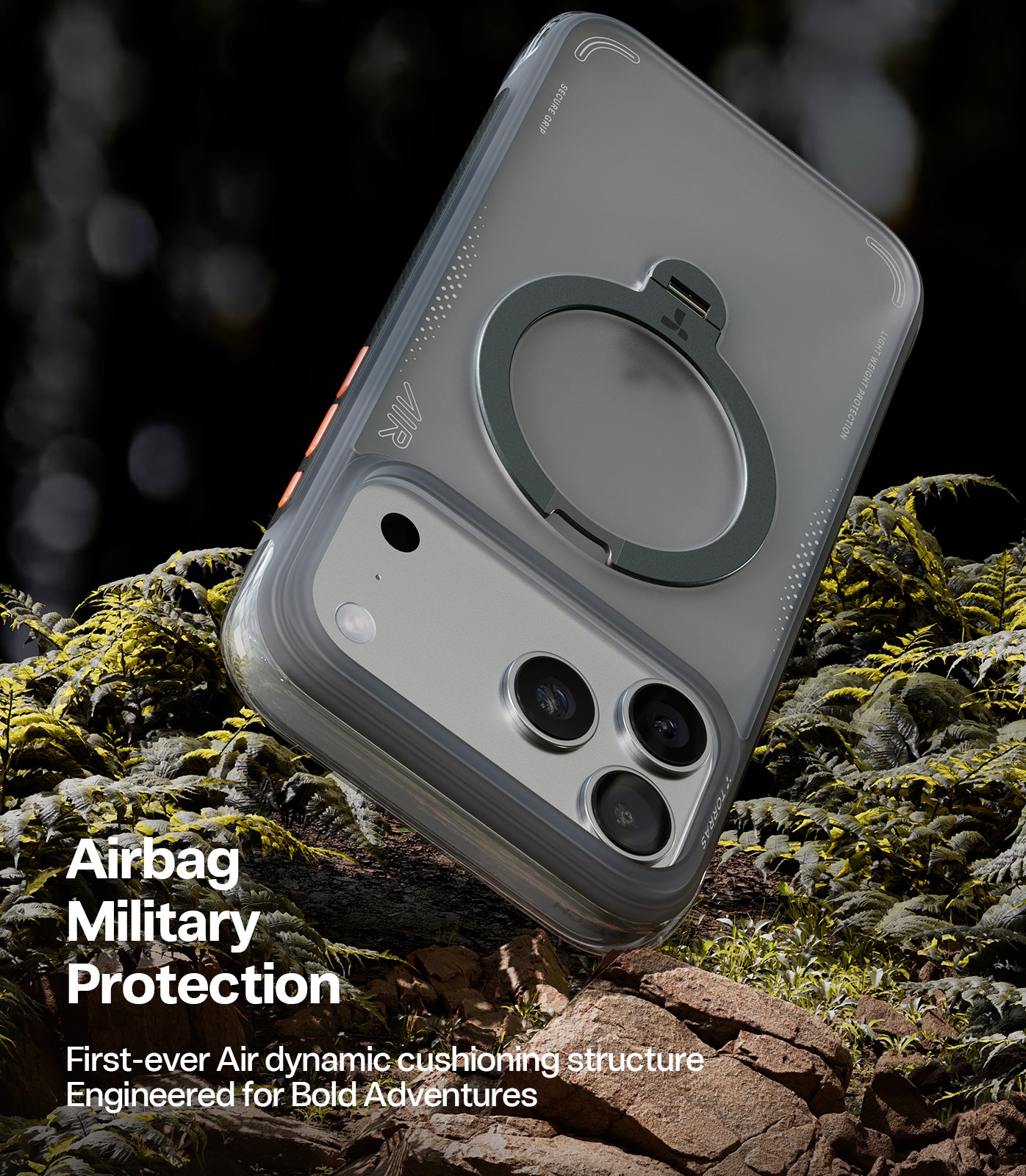 TORRAS Ostand Q3 Air Zwart Hoesje Geschikt voor Apple iPhone 17 Pro Max – Compatibel met MagSafe – 360° Draaibare Magnetische Standaard – Back Cover Kickstand Ring – AirCushion Hoeken - Shockproof NIEUW!