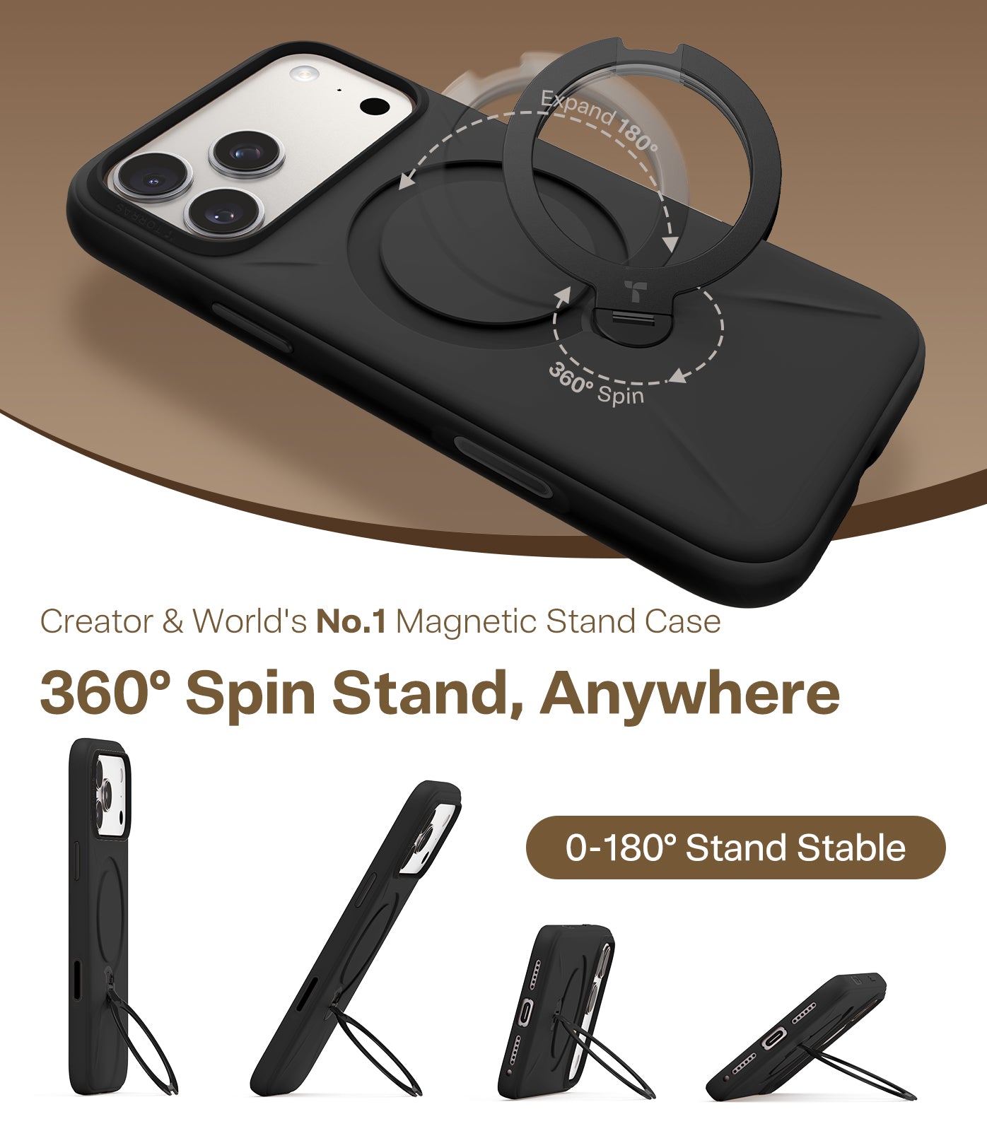 TORRAS Ostand Q Pro Silicone - Hoesje Geschikt voor Apple iPhone 17 Pro en 17 Pro Max - Zwart, Blauw en Oranje - Compatibel met MagSafe - 360° Draaibare Magnetische Standaard - Back Cover Kickstand Ring - NIEUW!