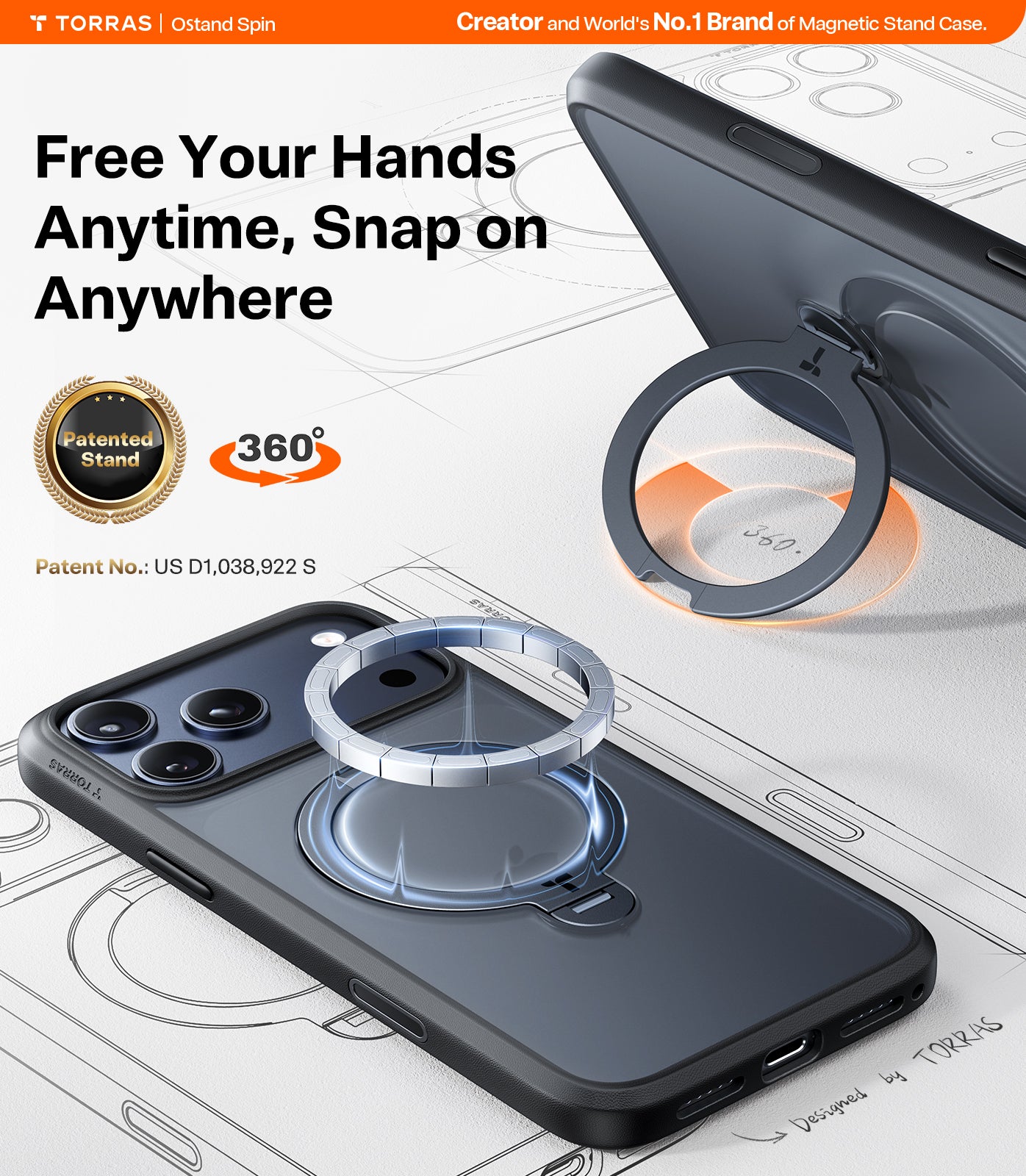 TORRAS UPro Ostand Spin Hoesje Geschikt voor Apple iPhone 17, 17 Pro en 17 Pro Max - Zwart, doorzichtig, blauw en oranje - Compatibel met MagSafe - 360° Draaibare Magnetische Standaard - Back Cover Kickstand Ring - NIEUW!