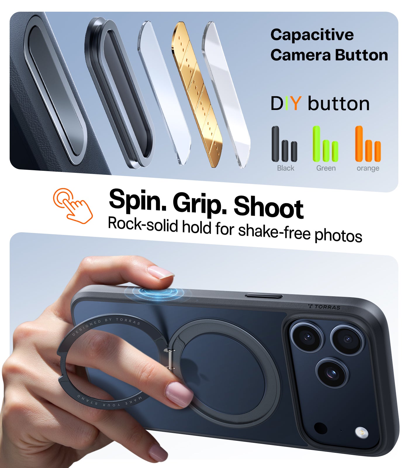 TORRAS Hoesje Geschikt voor Apple iPhone 17, 17 Pro en 17 Pro Max - Zwart, doorzichtig, oranje en blauw - UPro Ostand Pro - Compatibel met MagSafe - Back Cover met Magneet - 360° Draaibare Ring Standaard - Nieuw!