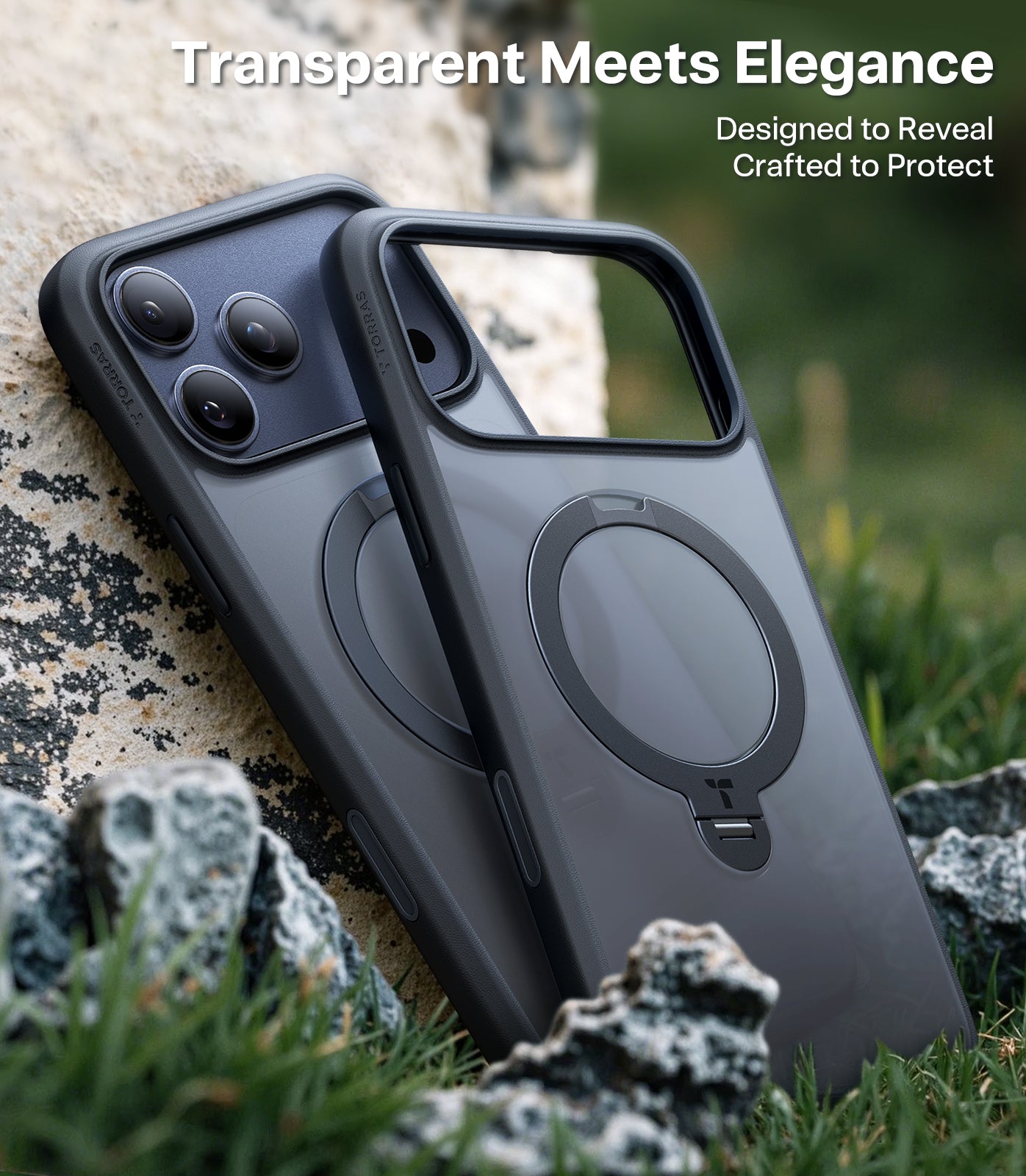 TORRAS UPro Ostand Spin Hoesje Geschikt voor Apple iPhone 17, 17 Pro en 17 Pro Max - Zwart, doorzichtig, blauw en oranje - Compatibel met MagSafe - 360° Draaibare Magnetische Standaard - Back Cover Kickstand Ring - NIEUW!