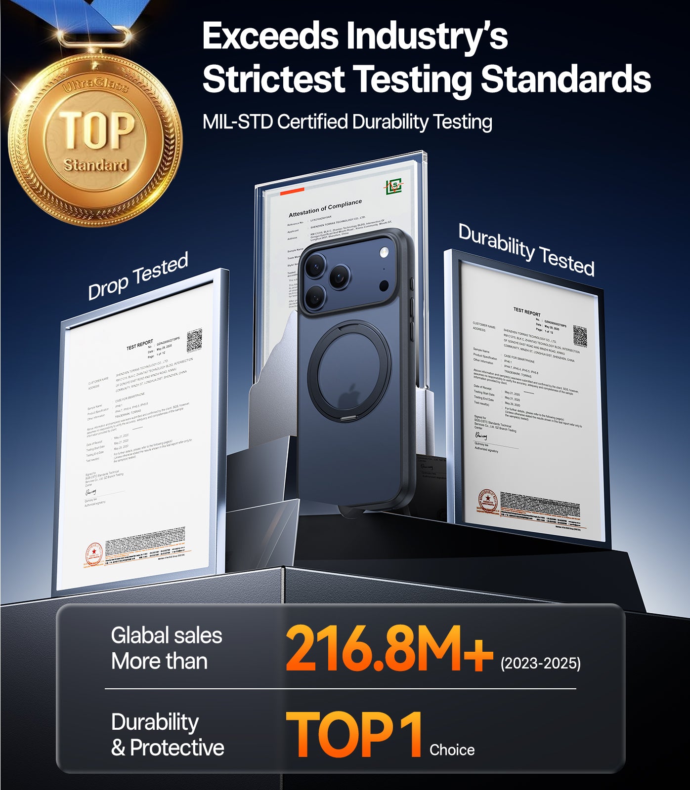 TORRAS Hoesje Geschikt voor Apple iPhone 17, 17 Pro en 17 Pro Max - Zwart, doorzichtig, oranje en blauw - UPro Ostand Pro - Compatibel met MagSafe - Back Cover met Magneet - 360° Draaibare Ring Standaard - Nieuw!